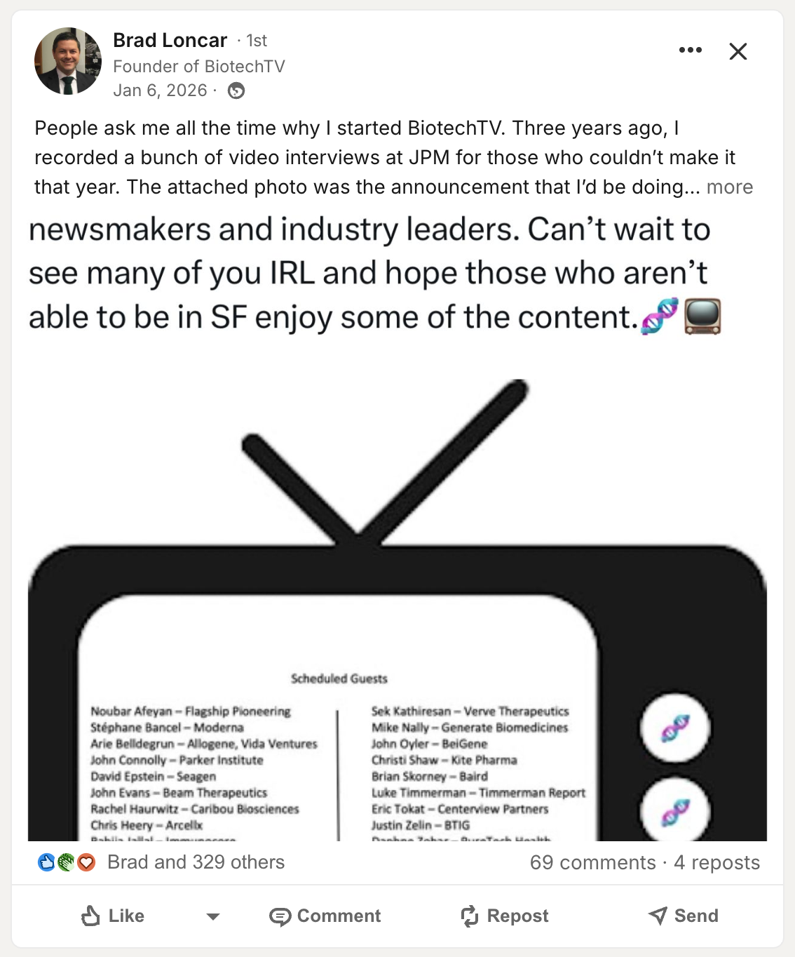 Brad Loncar — BiotechTV founder, industry leaders post