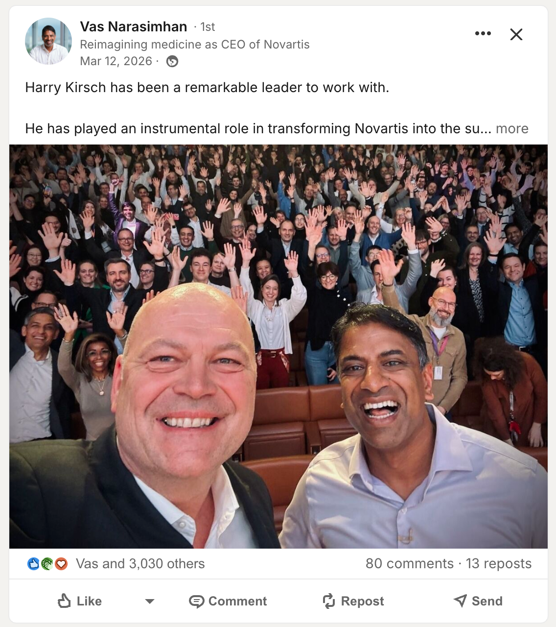 Vas Narasimhan, CEO Novartis — leadership post with 3,000+ reactions