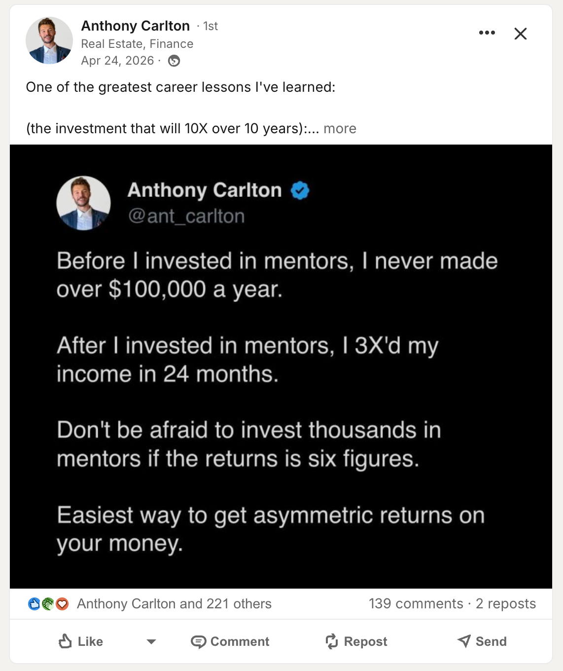 Anthony Carlton — 221 likes, mentorship and income growth