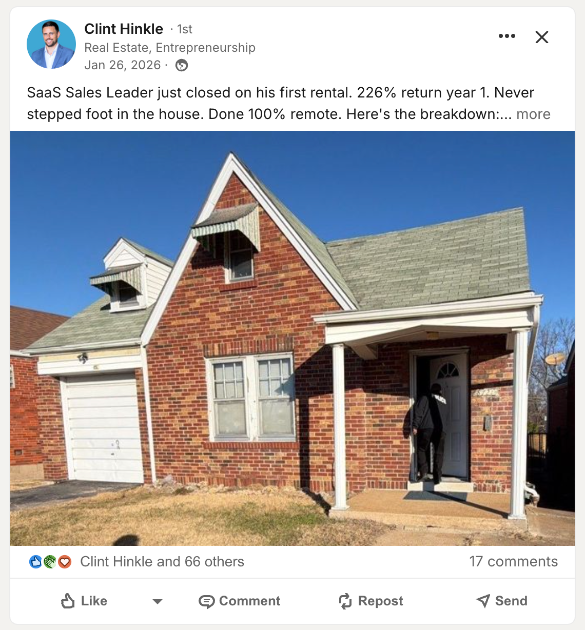 Clint Hinkle — 66 likes, 226% return on first rental investment