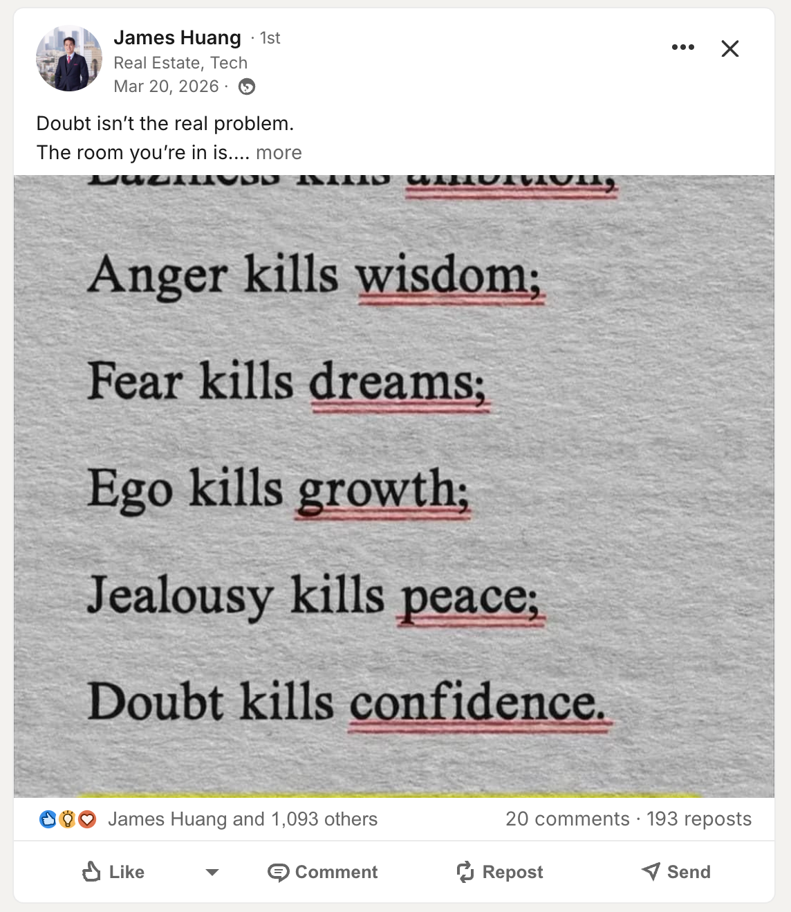 James Huang — 1,093 likes, motivational thought leadership post